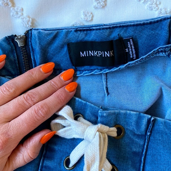 MINKPINK High Waisted Route 66 Denim Mini Skirt, Medium - Picture 3 of 4